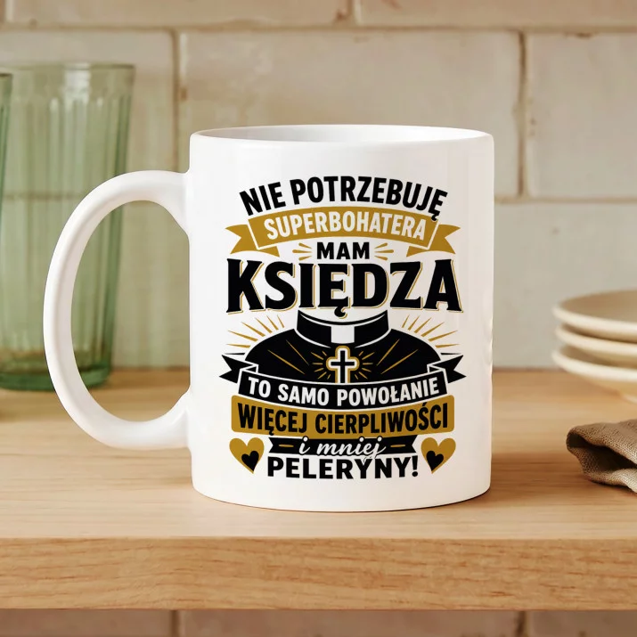 Kubek Z Nadrukiem Dla Księdza Prezent Dla Mężczyzny: Super Ksiądz Bez Peleryny