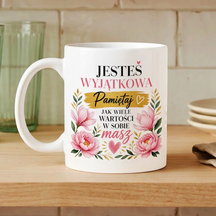 Kubek Z Nadrukiem Na Święta Prezent Dla Kobiety: Jesteś Wyjątkowa Kwiaty Kubek Z Nadrukiem Na Święta Prezent Dla Kobiety: Jesteś Wyjątkowa Kwiaty
