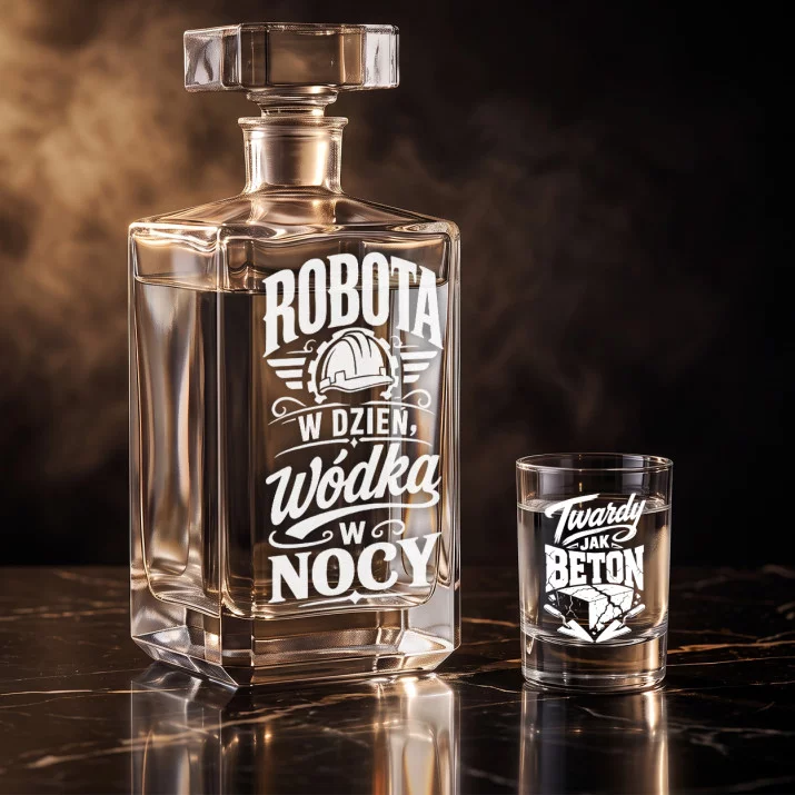 Zestaw Do Wódki z Grawerem Dla Budowlańca Prezent: Robota W Dzień, Wódka W Nocy Zestaw Do Wódki z Grawerem Dla Budowlańca Prezent: Robota W Dzień, Wódka W Nocy