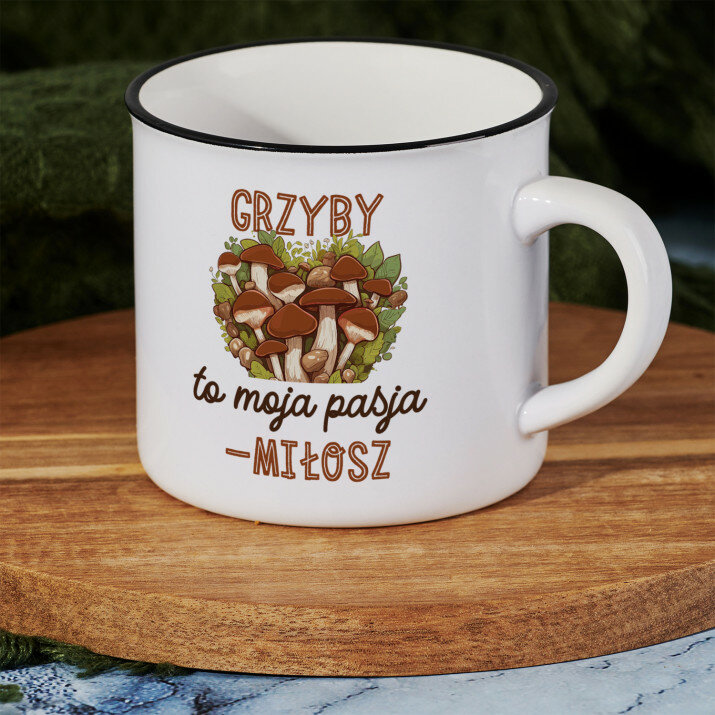 Grzyby to moja pasja - Kubek ceramiczny z czarnym rantem Grzyby to moja pasja - Kubek ceramiczny z czarnym rantem