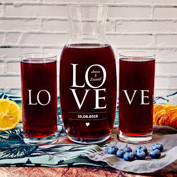 LOVE - Zestaw grawerowana karafka i dwie szklanki