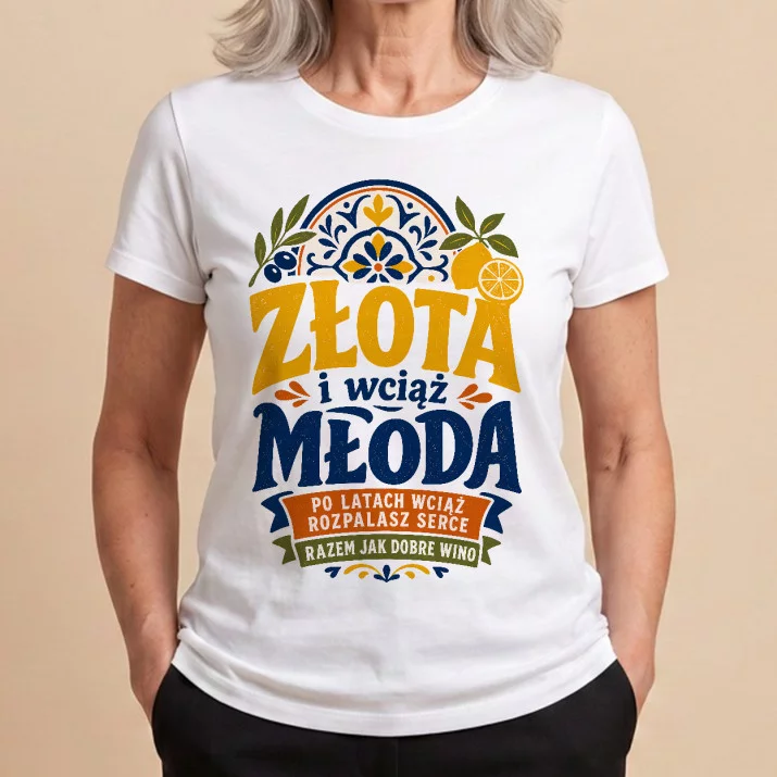Koszulka Damska Biała Na 50 Rocznicę Ślubu Prezent Dla Kobiety: Retro Złota Typografia