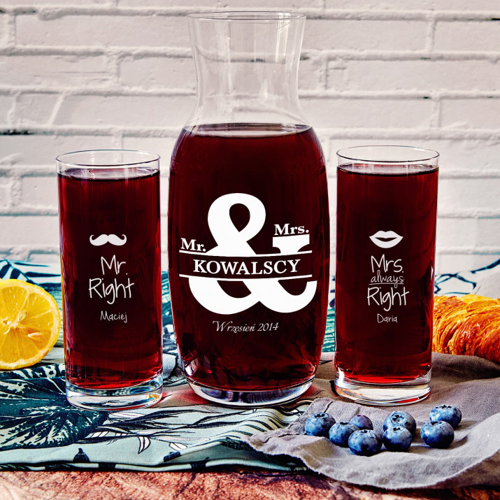 Mr&Mrs right - Zestaw grawerowana karafka i dwie szklanki