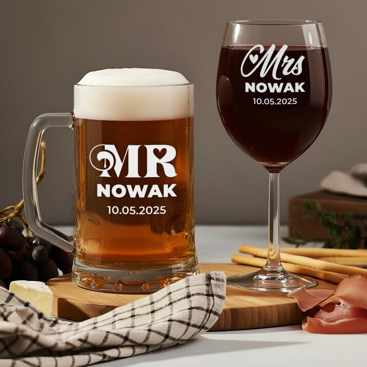 Mr&Mrs - Zestaw kufel i kieliszek do wina