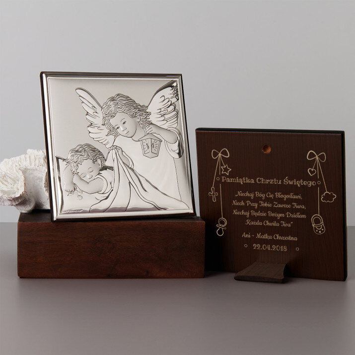 Niechaj Bóg Cię Błogosławi - Aniołek z latarenką - Srebrny Obrazek z Grawerem