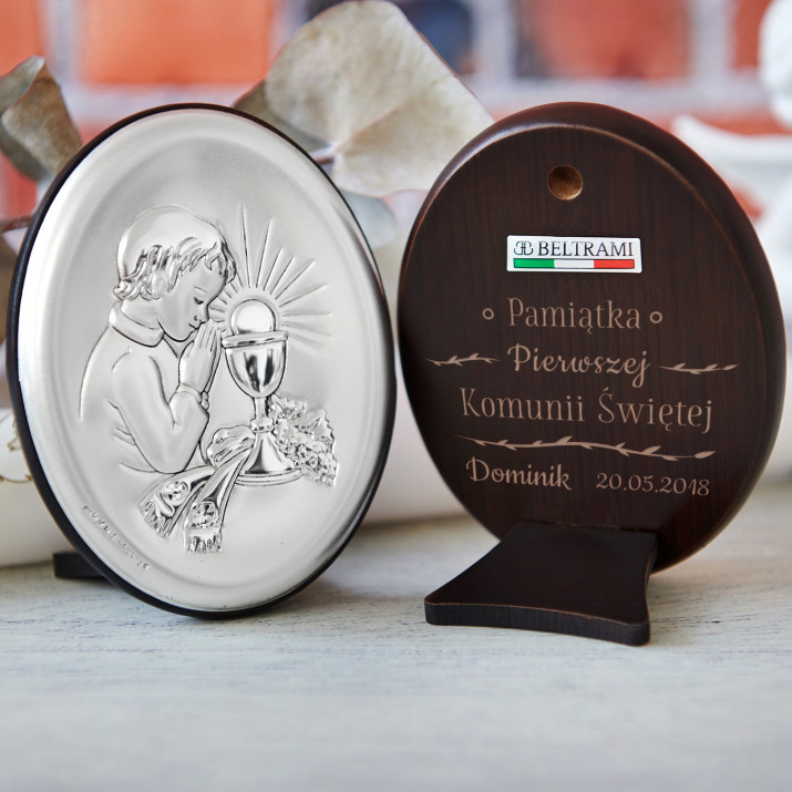 Pamiątka Komunii - Chłopiec - Srebrny Obrazek z Grawerem