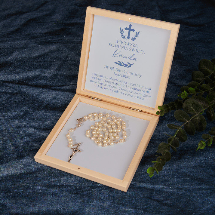 Pierwsza komunia podziękowania dla Chrzestnego - Różaniec w drewnianym pudełku Pierwsza komunia podziękowania dla Chrzestnego - Różaniec w drewnianym pudełku