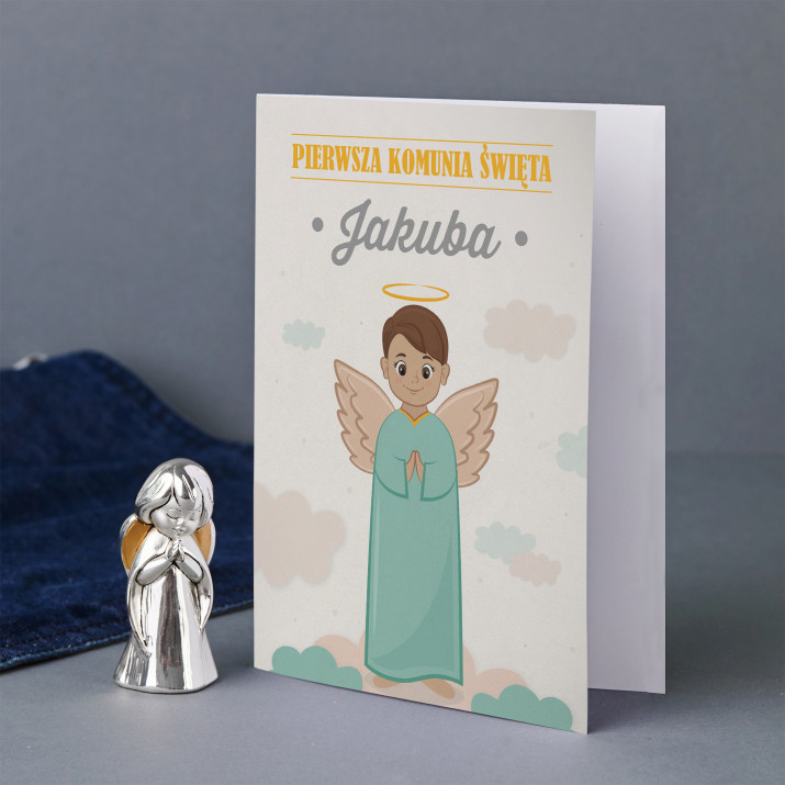 Pierwsza komunia święta chłopiec - Zestaw srebrny aniołek i kartka