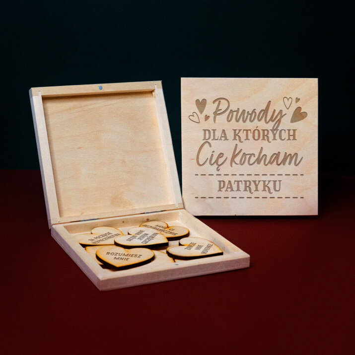 Powody dla których Cię kocham - Pudełko z drewnianymi serduszkami