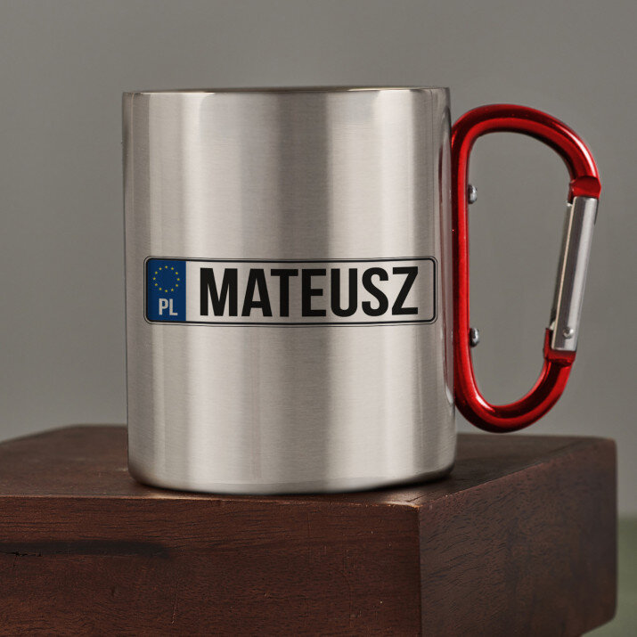 Rejestracja imię - Kubek metalowy z karabińczykiem Rejestracja imię - Kubek metalowy z karabińczykiem