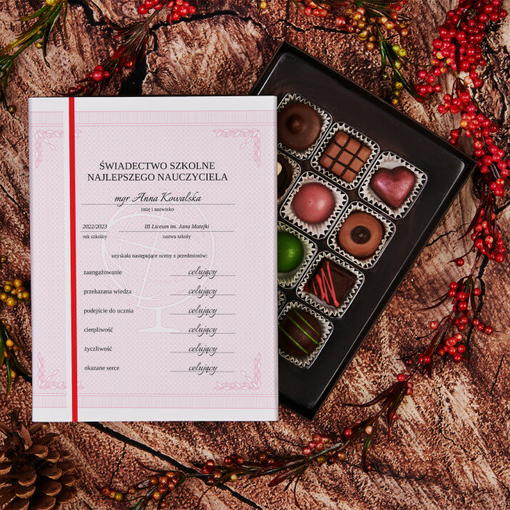 Świadectwo dla najlepszego nauczyciela - różowe - Praliny z belgijskiej czekolady