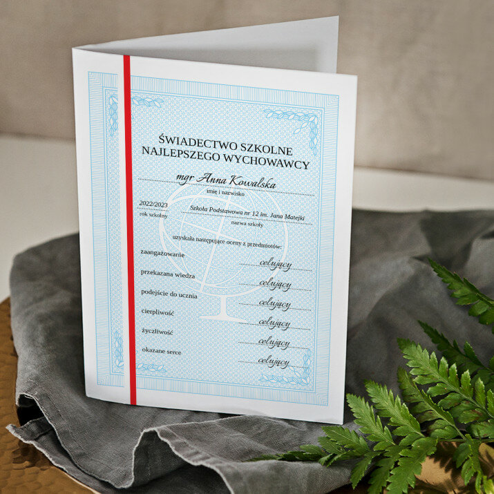 Świadectwo dla najlepszego wychowawcy - niebieskie - kartka z życzeniami