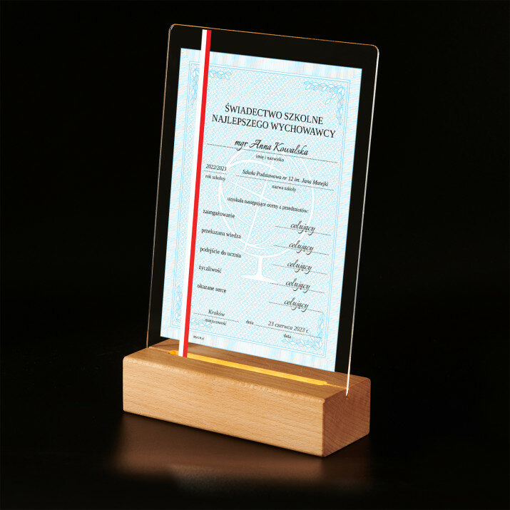 Świadectwo dla najlepszego wychowawcy - niebieskie - Wydruk na szkle akrylowym z podstawką led