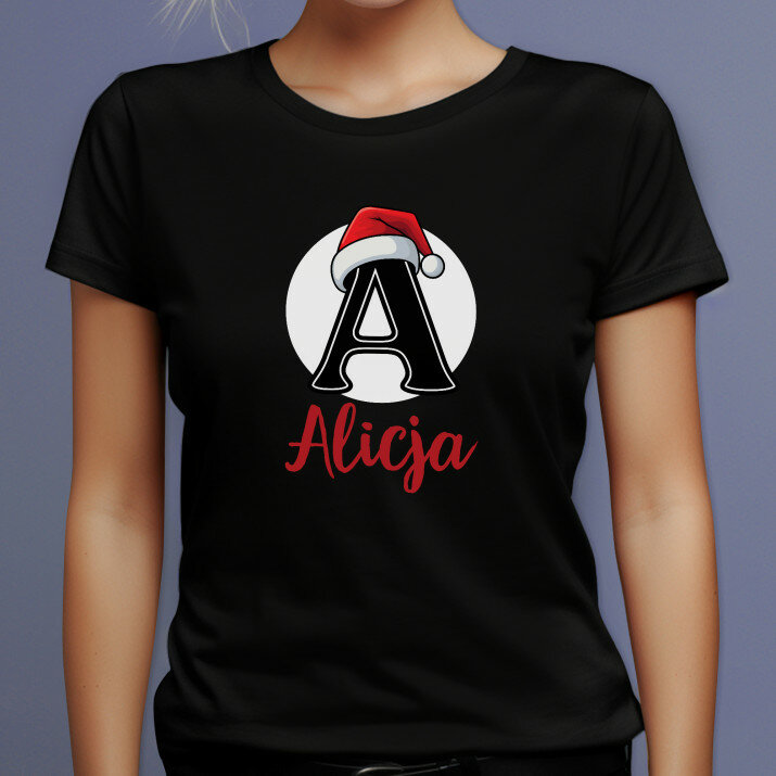 Świąteczny Inicjał z imieniem - Czarna koszulka damska