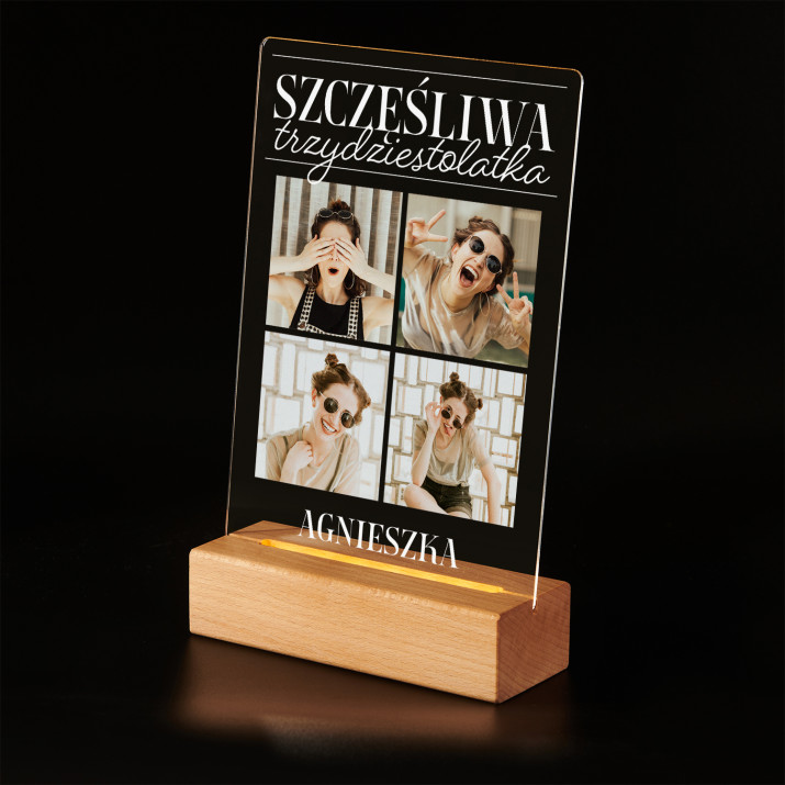 Szczęśliwa trzydziestolatka - Wydruk na szkle akrylowym z podstawką led Szczęśliwa trzydziestolatka - Wydruk na szkle akrylowym z podstawką led