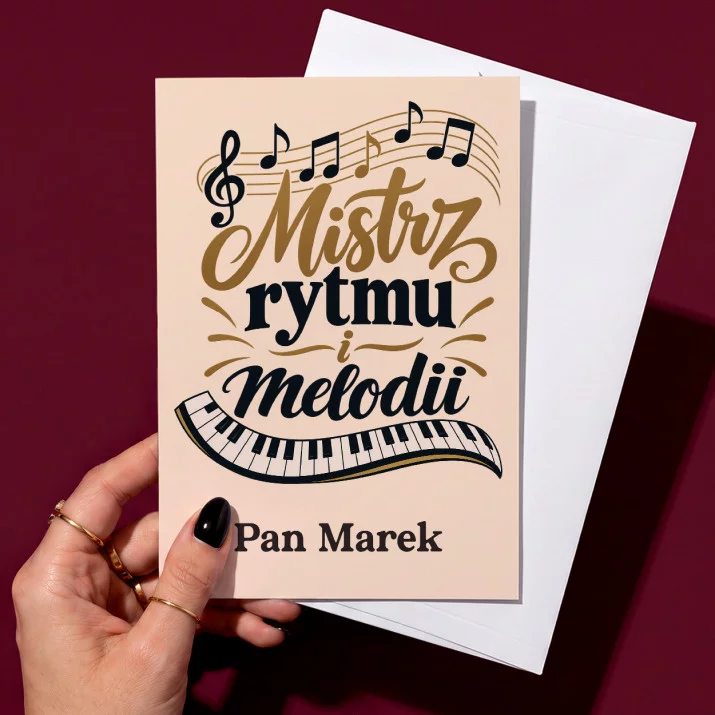 Kartka Personalizowana Dla Nauczyciela Muzyki Prezent Na Dzień Nauczyciela Dla Mężczyzny: Mistrz Rytmu I Melodii Kartka Personalizowana Dla Nauczyciela Muzyki Prezent Na Dzień Nauczyciela Dla Mężczyzny: Mistrz Rytmu I Melodii