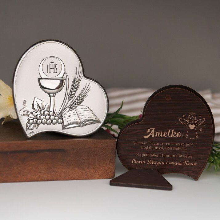Życzenia na komunię aniołek dla dziewczynki - Serce - Srebrny Obrazek z Grawerem