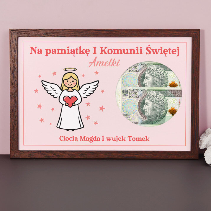 Życzenia na komunię aniołek dziewczynka - Ramka na pieniądze Życzenia na komunię aniołek dziewczynka - Ramka na pieniądze
